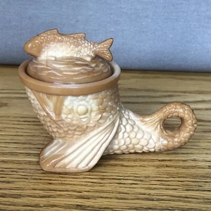Pisello Chocolate Glass Dolphin Fish Lidded Mustard Dish 2.75" - Rare - Perfect - Picture 1 of 12