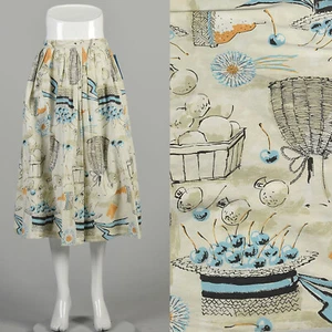 Medium 1950s Novelty Cotton Skirt Beige Tan Blue Orange Food Wine Tea Length - Picture 1 of 9
