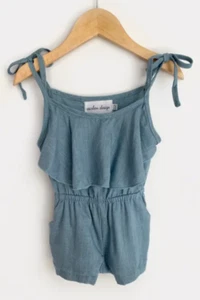 Girls Medium Blue Linen Tie Romper - Picture 1 of 10