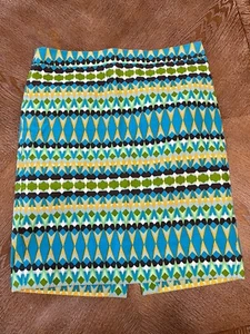 J. CREW Pencil Skirt Size 8 Blue Geometric Print Waist 32” Length 21” Back Slit - Picture 1 of 5