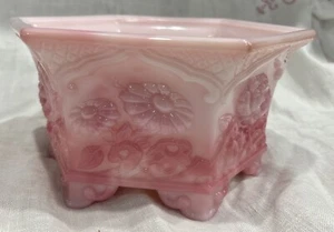 Fenton Rosalene Pink Embossed Milk Glass Six Sided Bowl Footed 7" Marked - Picture 1 of 6