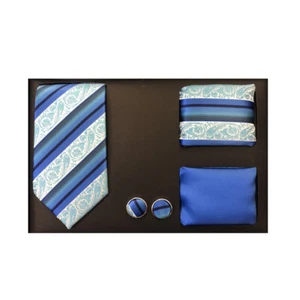 New formal Men skinny necktie 2 hankies cuff links gift set pattern blue black - Picture 1 of 3