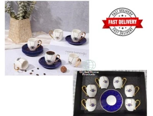 Turkish White Evil-Eye Set of 6 Turkish Coffee Cups 6 White Saucers Gift - Picture 1 of 2
