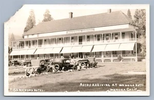 POSTAL FOTO REAL WAWONA HOTEL CA LLEGANDO AUTOS ANTIGUOS RPPC - Imagen 1 de 2