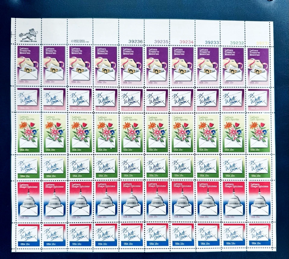 SoCo Stamps US Scott #1805-1810 Pane of 60 LETTER WRITING Sheet MNH - Image 1 of 1
