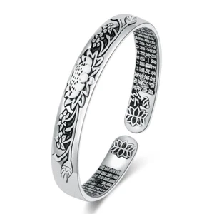 Women's Men Silver Lotus Vintage Calmness Cuff Bracelet Bangle Thai Jewellery - Picture 1 of 6