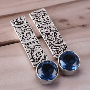 Natural London Blue Topaz Gemstone Handmade Jewelry 925 Solid Silver Earrings AK - Picture 1 of 8