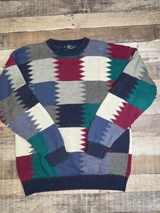 Vintage Knit Sweater Thick Cotton Multicolor Geometric Pattern Mens Size L 90s - Picture 1 of 7