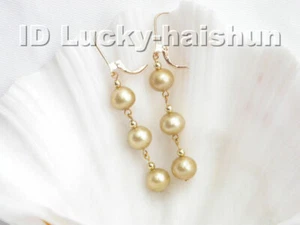 Genuine 9mm round champagne freshwater pearl dangle earrings 14K hoop j3769 - Picture 1 of 1