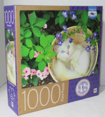 Rompecabezas Milton Bradley 1000 Piezas GATITO EN CESTA jardín flores moradas Foto 1 de 3