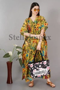 Indian Handmade Cotton Kaftan Elegant Yellow Frida Kahlo Print Long Caftan Dress - Picture 1 of 6