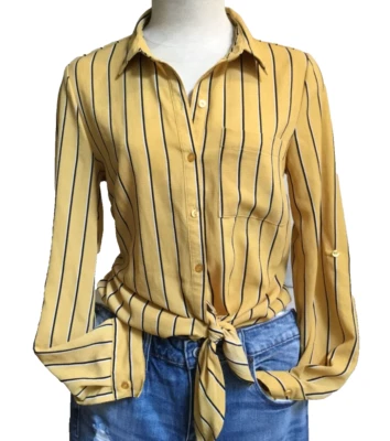 LOVE TREE Casual Striped Blouse Button Down knot Front Collared Long Sleeve  S - Imagem 1 de 4