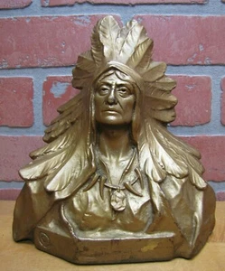 J A MELOIDON Antique Bronze Clad Native American Indian Chief Bookend Art Statue - Picture 1 of 12