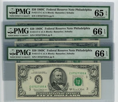 Fr. 2117-C $50 1969C Federal Reserve Note 3 Consecutive 65-66EPQ PMG DC-2649  - Image 1 of 3