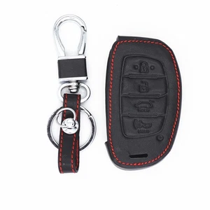 Black Leather For Hyundai Elantra Tucson Sonata 4 Buttons Remote Key Chain Cover - Picture 1 of 4