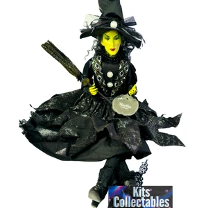 "Vestido de bruja de Halloween Martha Stewart 25"" cara verde con habitación posable muñeca sentada" - Imagen 1 de 7