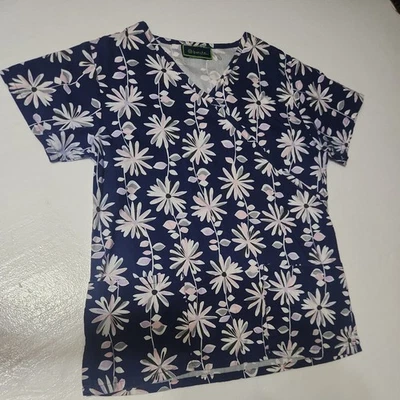 Bonita Scrubs Flower  Print On Blue Scrub Top size S V-Neck with pockets - Image 1 of 4