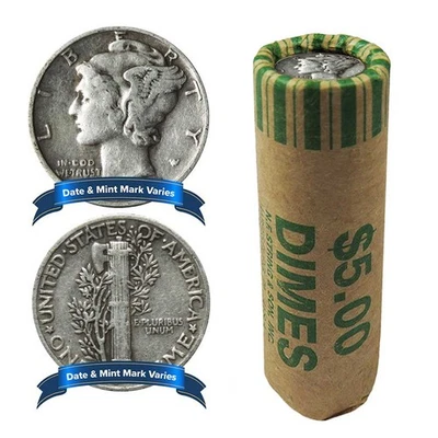 Rollo de 50 monedas de diez centavos de mercurio de plata 90 % con fechas completas valor nominal de $5 Foto 1 de 3