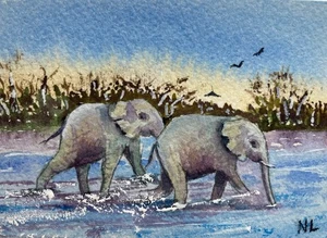 ACEO Original Miniature Watercolour Painting - Wading - Elephants Zimbabwe River - Picture 1 of 1