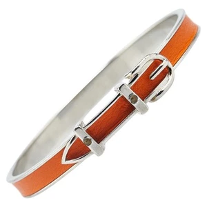 Hermes Belt Motif Bangle Silver-tone Metal Orange Leather Women Jewelry With Box - Picture 1 of 8