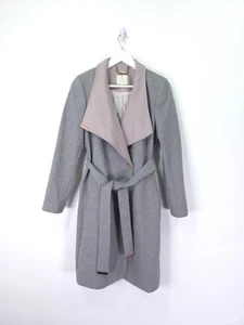 Ted Baker Khera Coat Size 3 UK 12 Long Grey Pink Contrast Wrap Wool Blend Jacket - Picture 1 of 15