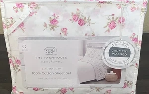 FARMHOUSE by Rachel Ashwell Shabby Chic Pink Roses Floral QUEEN Cotton Sheet Set - Picture 1 of 3