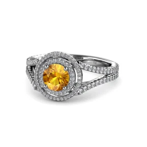 Round Citrine Diamond Double Women Halo Engagement Ring 14K Gold JP:56729 - Picture 1 of 4