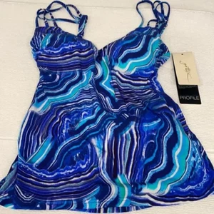 Profile by Gottex Blue Marble Style Tankini Top Strappy V-Neck Padded Modest 6 - Picture 1 of 8