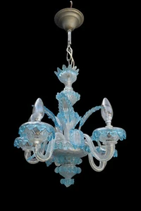 Vintage italian 1970 Murano light blue clear glass 5 arm chandelier lamp - Picture 1 of 11