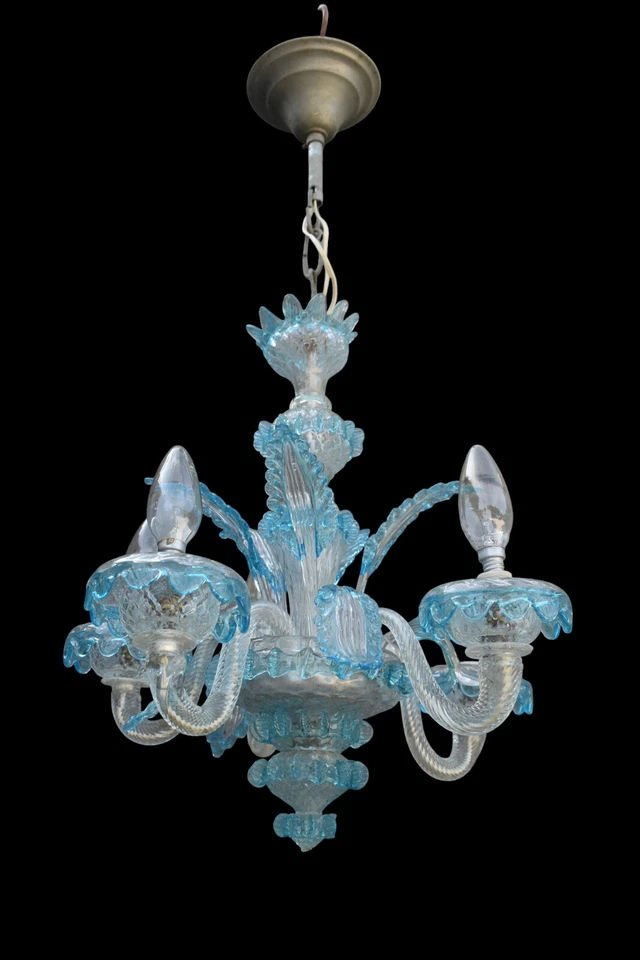 Vintage italian 1970 Murano light blue clear glass 5 arm chandelier lamp - Image 1 of 4