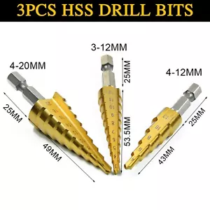 3 PIEZAS HSS Taladro Cono Paso Acero Titanio Metal Agujero Cortador Broca Set 4-20 mm + Bolsa - Imagen 1 de 4