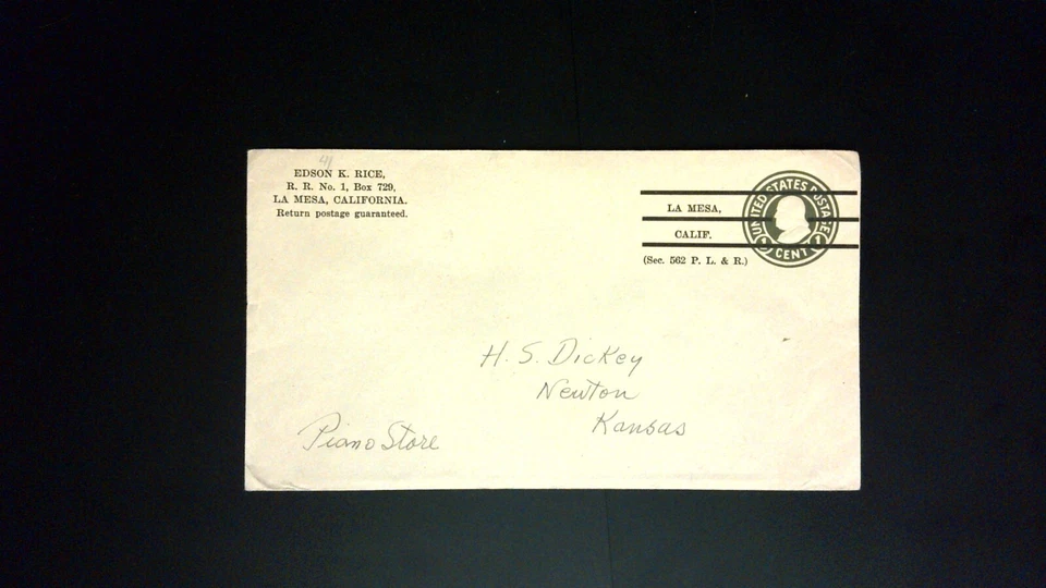 US Precancel Envelope: CA La Mesa - 1a2 E 50 41; Used (Edson K Rice) - Image 1 of 1