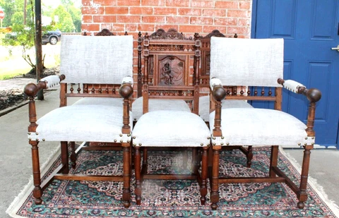 Set of 6 French Antique Oak Britany  Upholstered Dining Chairs / New Fabric Cover
