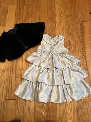 Conjunto Gymboree Vestido Plateado (Talla 5T) Negro Imitación Piel Chaqueta (XS 4) Vacaciones Formal  Foto 1 de 4