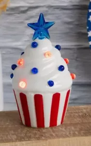 LED Cupcake Red White Blue Star July 4th patriotic 6” American Flag ceramic - Picture 1 of 4