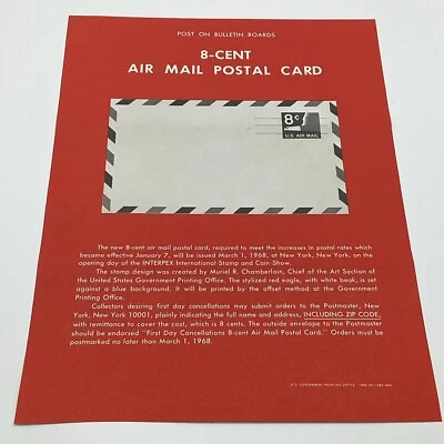 1968 8 Cent Air Mail Postal Card First Day Issue Cancellation Bulletin Ad - Image 1 of 4