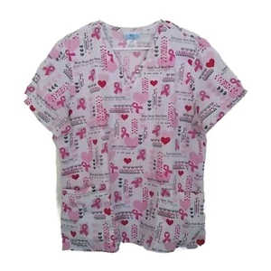 SB Scrubs Top Womens Large Pink Ribbon Hearts Hope Care Heal Cancer Awareness - Picture 1 of 4