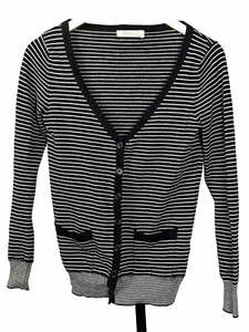 Forever 21 Sweater Cardigan Long Sleeve Button Up V Neck Black Stripe Small Twee - Picture 1 of 3