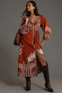 New Farm Rio x Anthropologie Long-Sleeve V-Neck Midi Dress Red M NWT - Picture 1 of 3