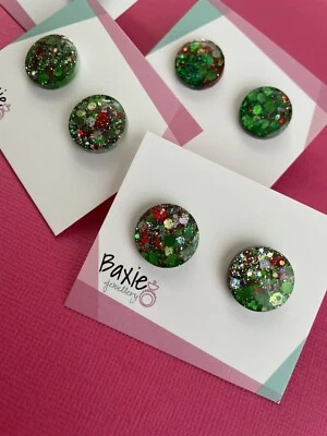 1 Pair Christmas Stud Earrings Handmade Glossy Resin Xmas Glitter Surgical Steel - image 1 of 4