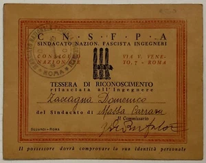 MASSA CARRARA SINDACATO NAZ. INGEGNERI PARTITO DI GOVERNO TESSERA CONSIGLIO NAZ. - Picture 1 of 6