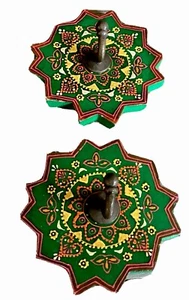 Vintage Pair Wooden Mandela Wall Hook Folk Art Star Hand Painted Boho Metal 12cm - Picture 1 of 16