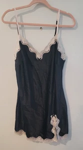 Victoria’s Secret Womens Satin Lace Trim Chemise Slip Nightgown Black Ivory Sz L - Picture 1 of 8