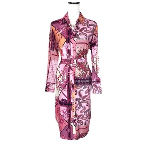 Abito camicia abbottonata stampato combinato paisley viola tribale nuovo con etichette taglia XS - Foto 1 di 10