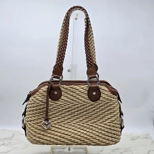 Brighton Woven Straw Shoulder Bag Womens Brown Purse Braided Handles Heart Charm - Picture 1 of 13
