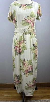 Vintage Montefiore Sz 10 USA Cream Floral Side button Slit Belted Sheath Dress - Image 1 of 4