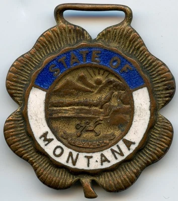 Great Seal State of Montana MT Brass Clover Shape Style Watch Fob - Image 1 of 2