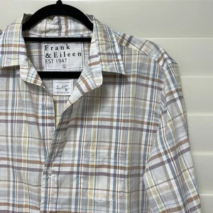 Frank & Eileen Shirt Womens Large Relaxed Button-Up Plaid Sand Gray Cotton Linen - Picture 1 of 10