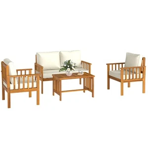Outsunny 4 Seater Acacia Wood Patio Conversation Set Slatted Design Teak - Picture 1 of 11