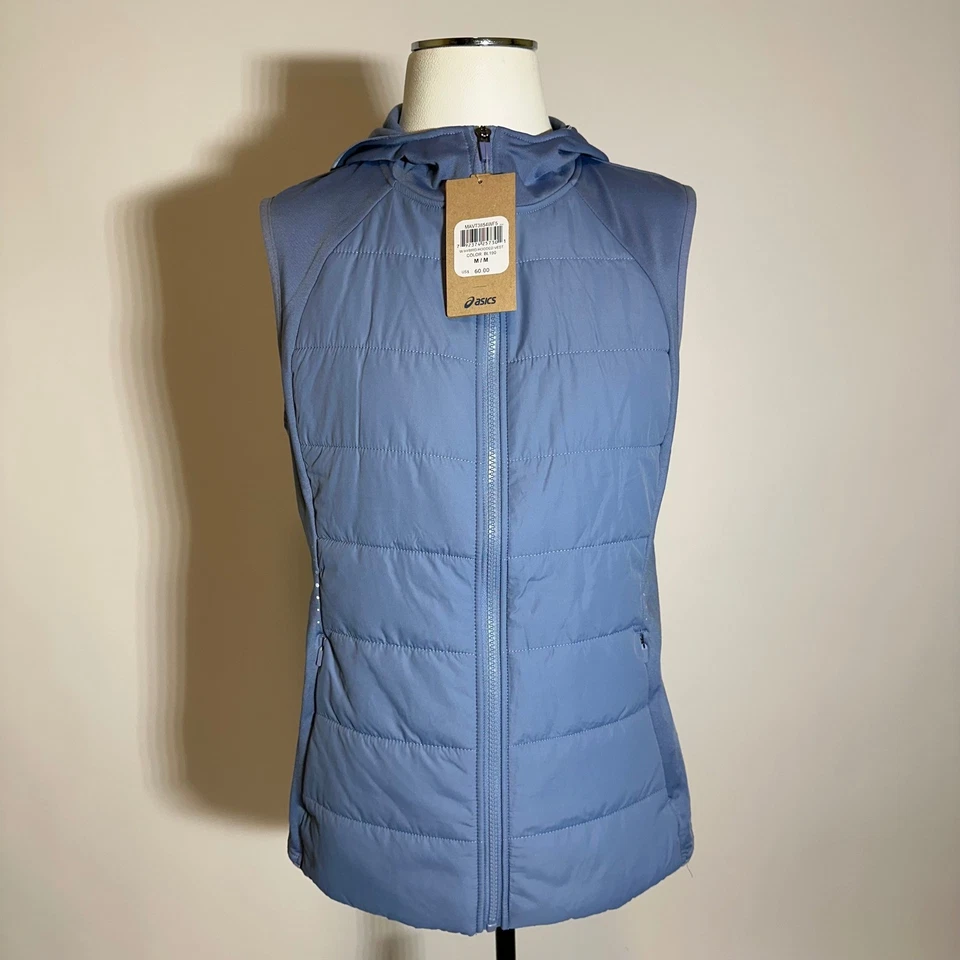 NWT ASICS Womens Hybrid Knit Quilted Panel Hooded Vest Dusty Blue Medium Running - Image 1 of 4